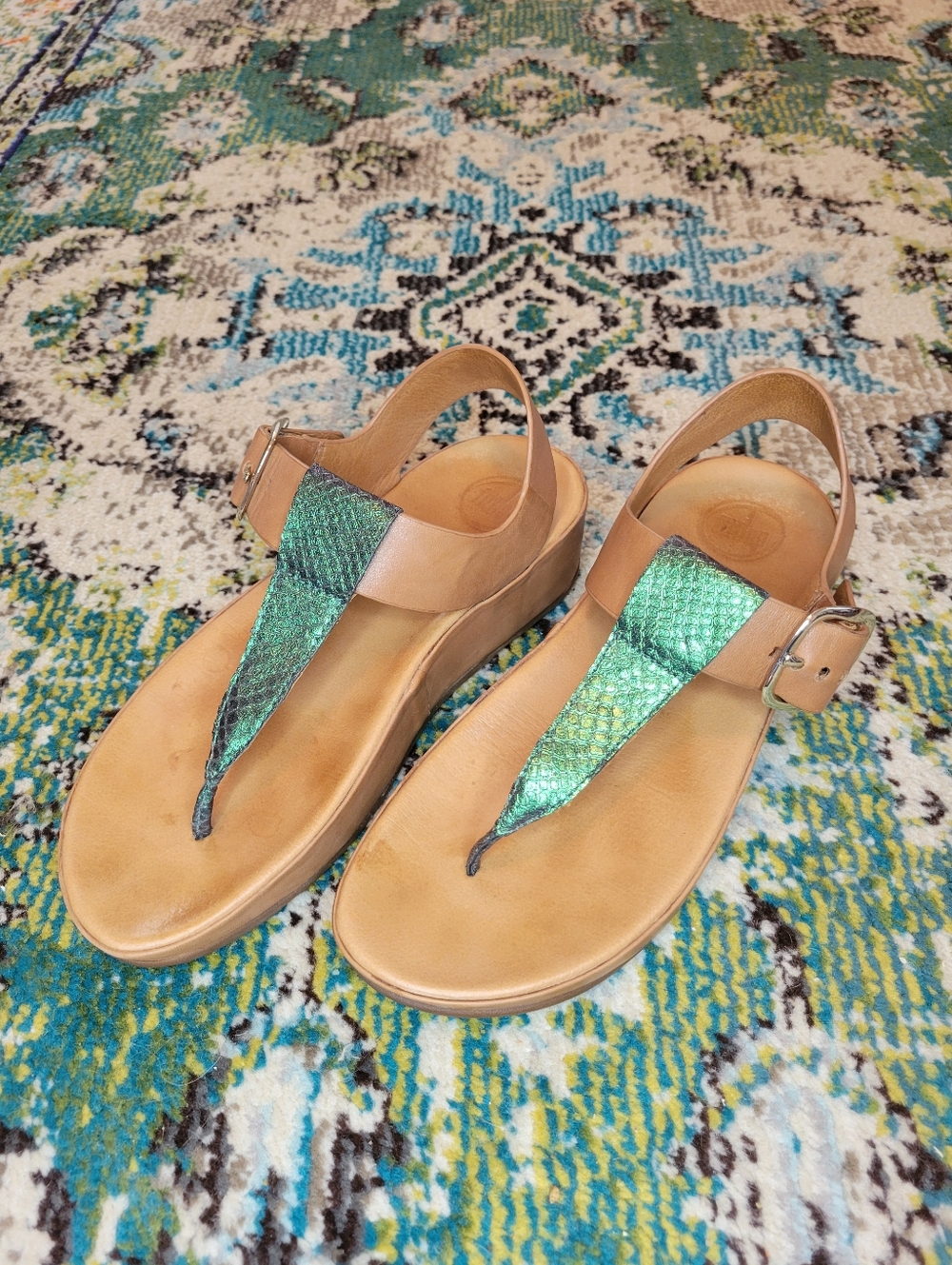 Wobble Board Micro Brown/Blue Mermaid Scale Wedge Flip Flop, Size‎ Womens 8